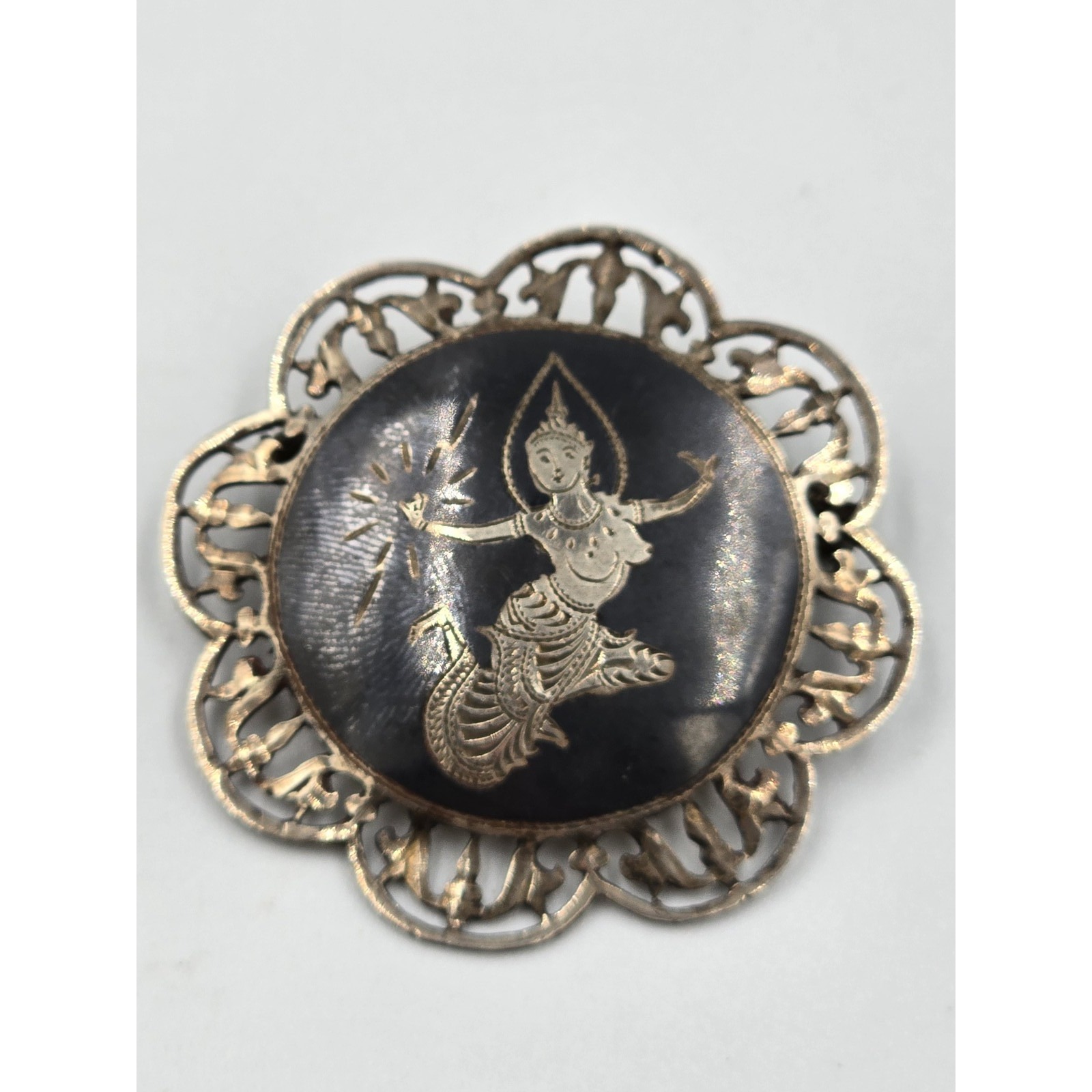 Vintage Siam Sterling Silver Niello Thai Dancer Brooch Pin Filigree Art Deco